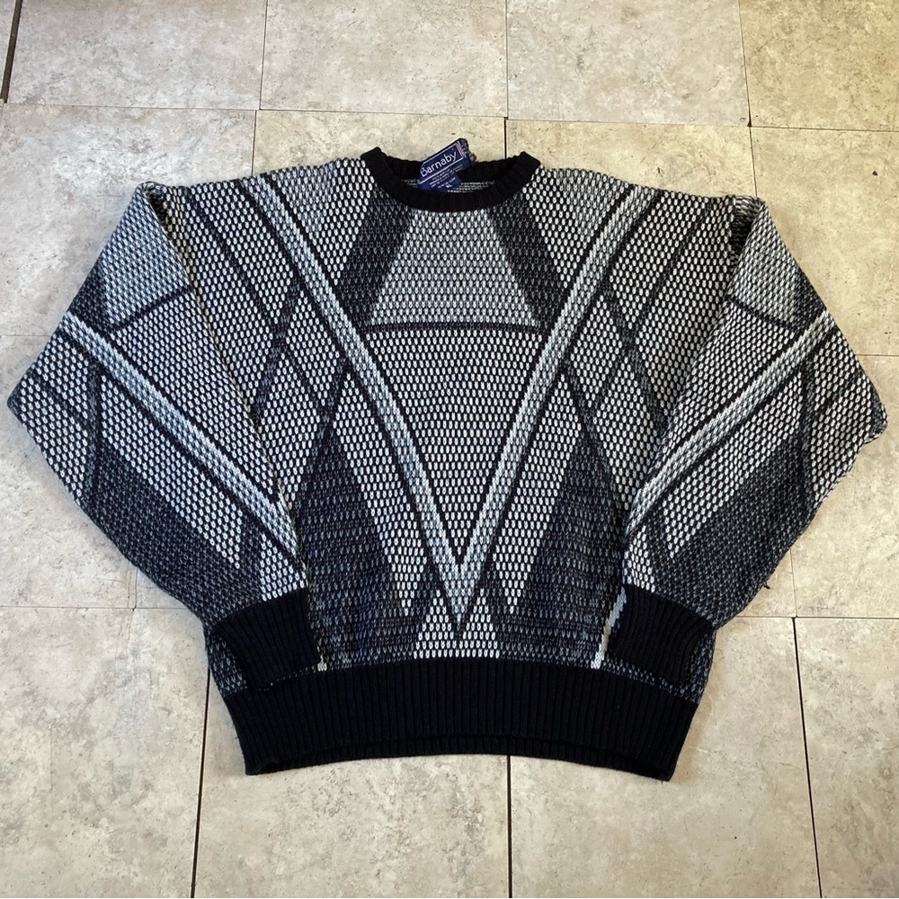 Vintage Barnaby Sweater Men's Pullover Round Neck Gray Geometric Pattern Acrylic